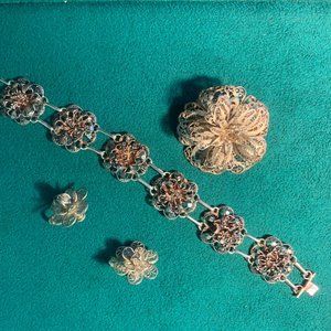 Vintage Mexico Filigree Sterling Silver Flower link Bracelet, Brooch, Earrings